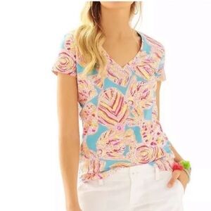 Lilly Pulitzer Michele Top T Shirt Breakwater Tini Bikini Small V Neck Ocean XS